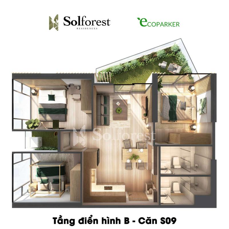 Căn hộ 3PN 2VS 83m2 sân vườn Solforest Ecopark