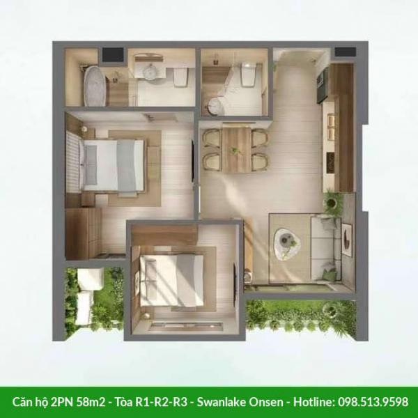 Căn hộ 2 phòng ngủ 58m2 Swanlake Onsen - Tòa R1-R2-R3