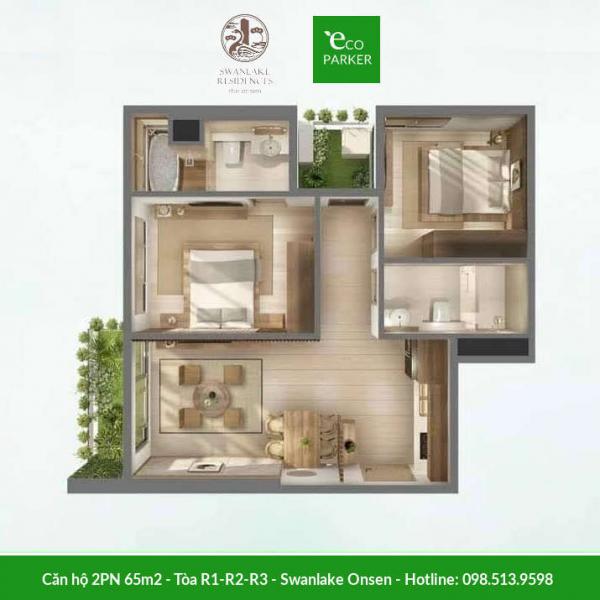 Căn hộ 2 phòng ngủ 65m2 Swanlake Onsen - Tòa R1-R2-R3