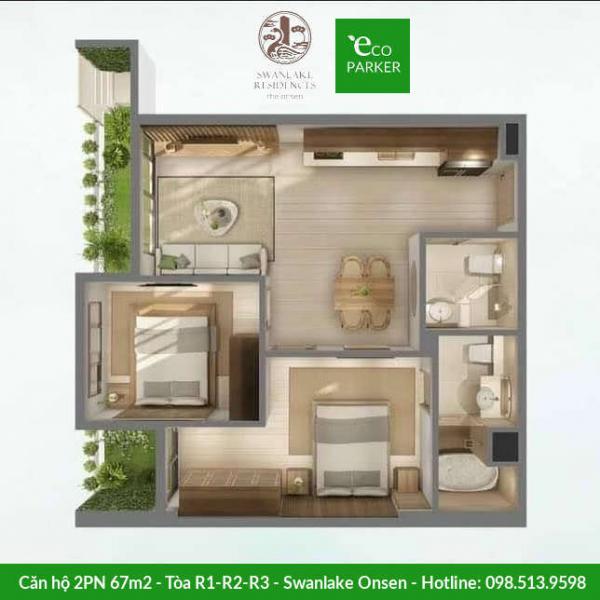 Căn hộ 2 phòng ngủ 67m2 Swanlake Onsen - Tòa R1-R2-R3