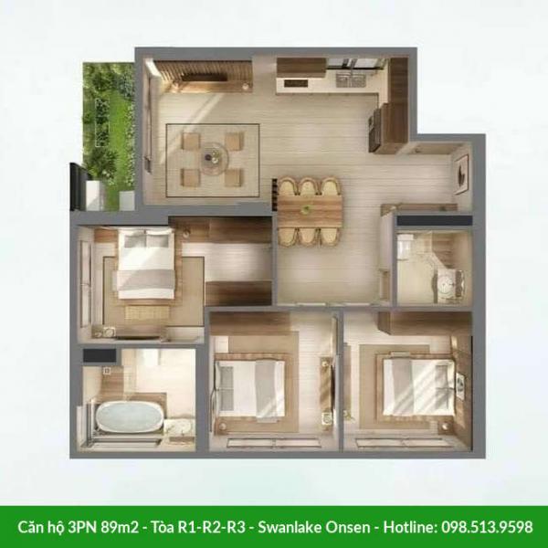 Căn hộ 3 phòng ngủ 89m2 Swanlake Onsen - Tòa R1-R2-R3