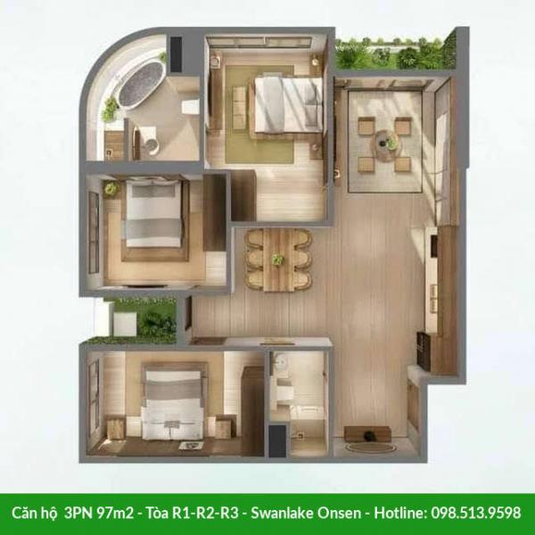 Căn hộ 3 phòng ngủ 97m2 Swanlake Onsen - Tòa R1-R2-R3