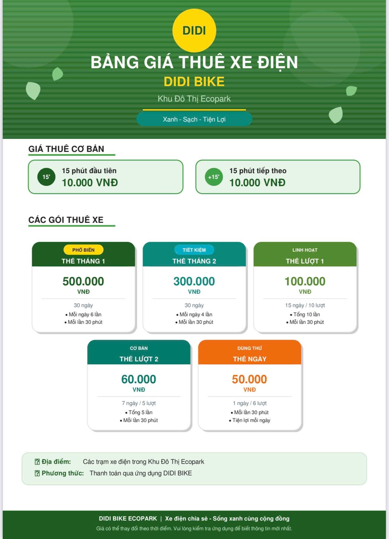 Bảng giá xe điện Didi tại Ecopark